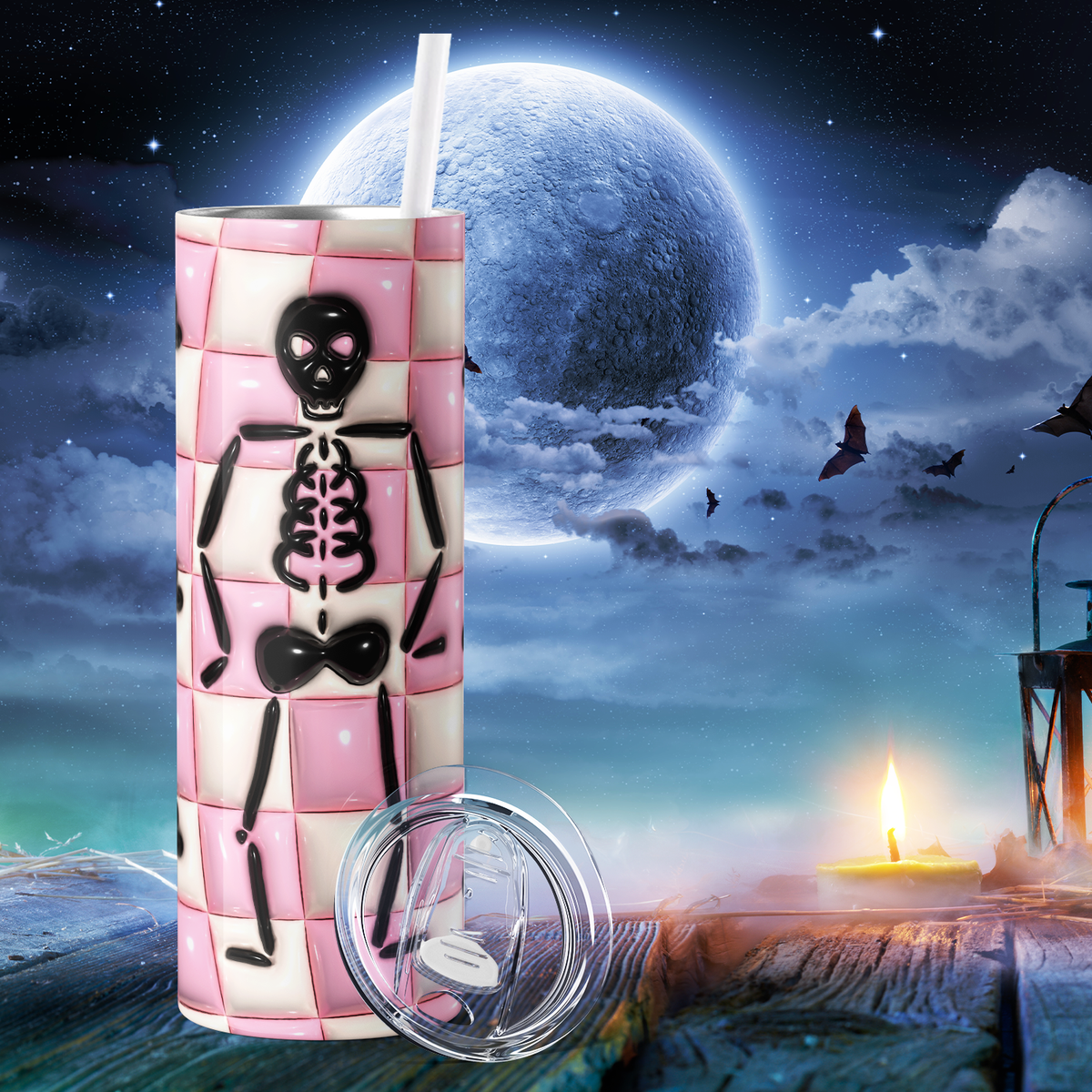 Skeleton on Pink Disco Ball Inflated Balloon 20oz Skinny Tumbler