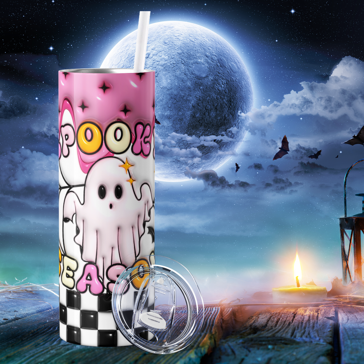 Spooky Season Ghost Inflated Balloon Pink 20oz Skinny Tumbler
