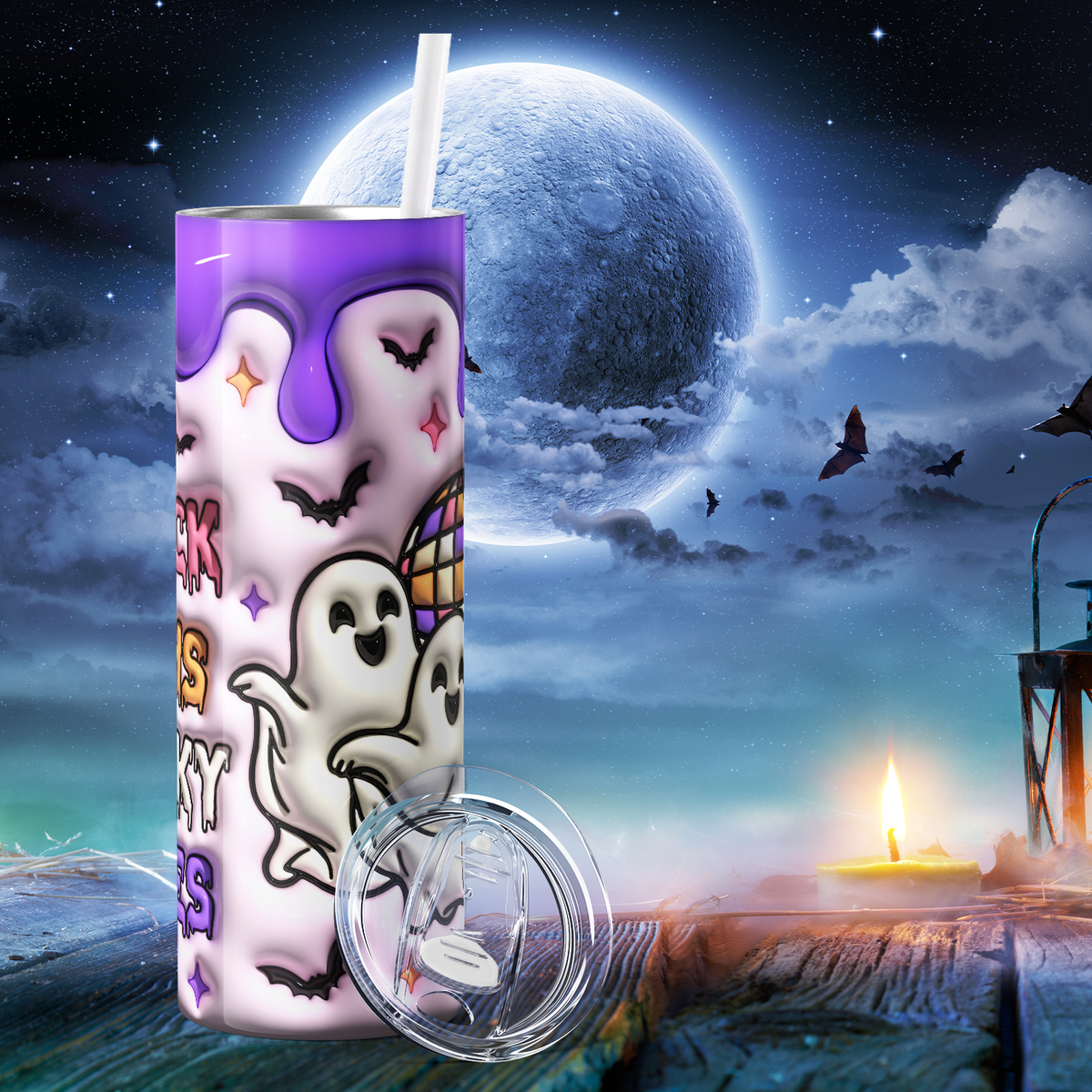 Thick Thighs Spooky Vibes Ghosts Inflated Balloon 20oz Skinny Tumbler