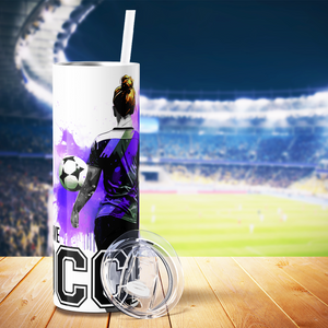 I Can't I Have Soccer on Purple Splash 20oz Skinny Tumbler