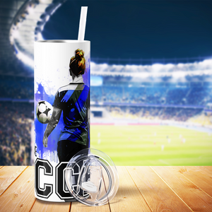 I Can't I Have Soccer on Blue Splash 20oz Skinny Tumbler