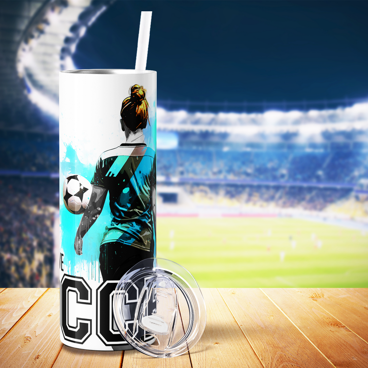 I Can't I Have Soccer on Teal Splash 20oz Skinny Tumbler
