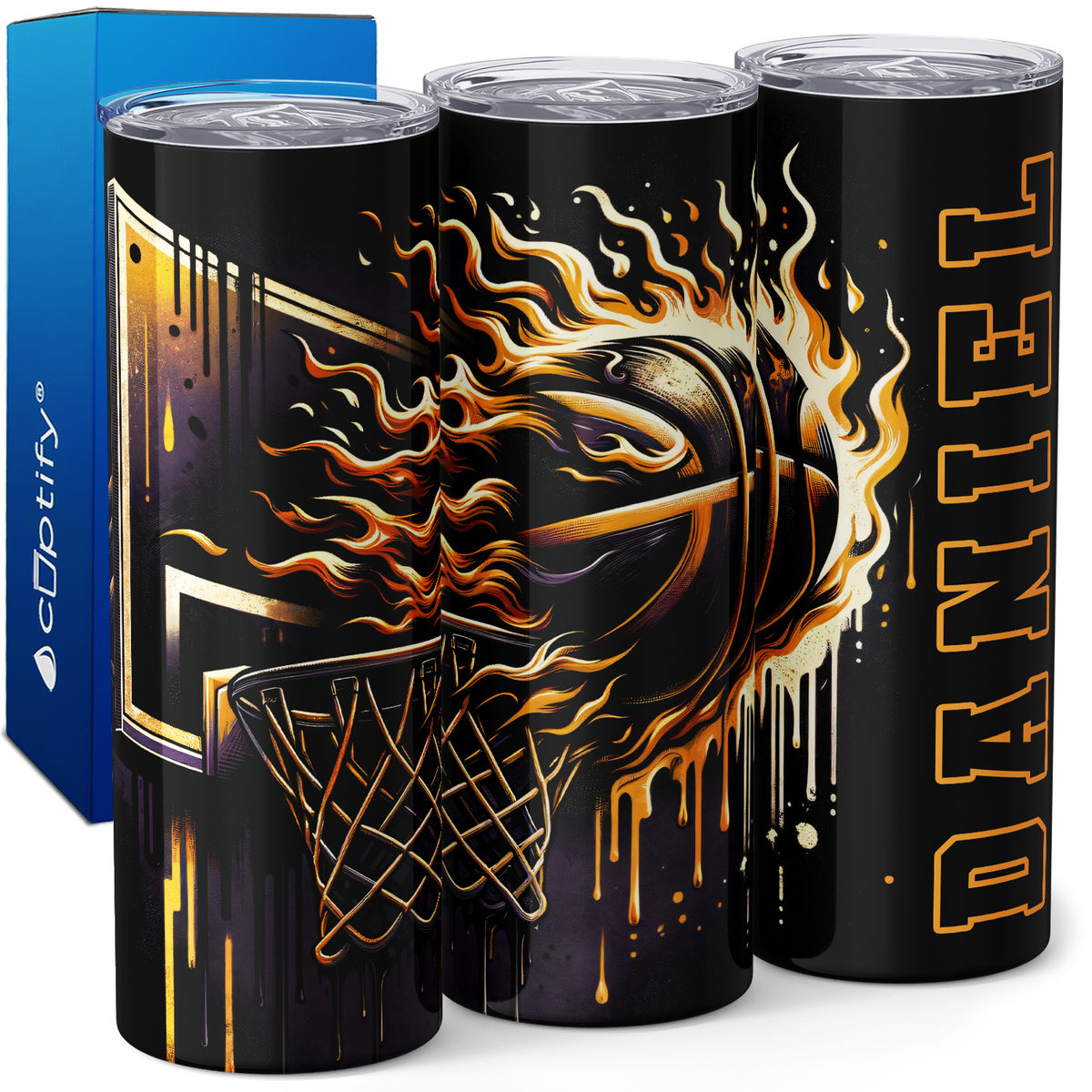 Personalized Gold on Black Flaming 20oz Skinny - Baseball Tumbler