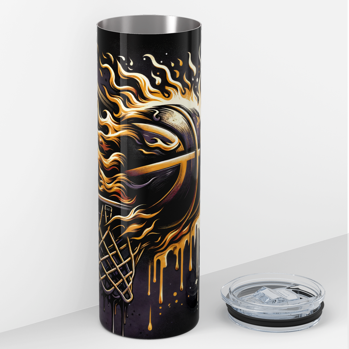 Personalized Gold on Black Flaming 20oz Skinny - Baseball Tumbler