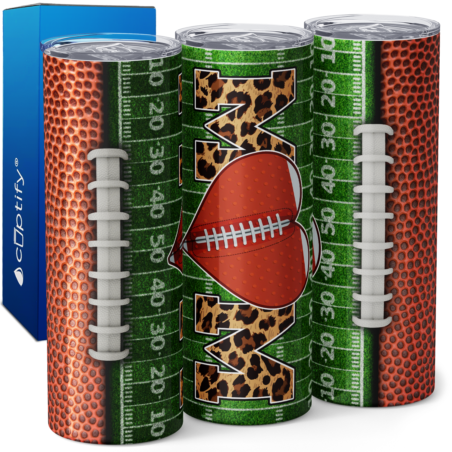 Football Mom Heart on Field Leather 20oz Skinny Tumbler
