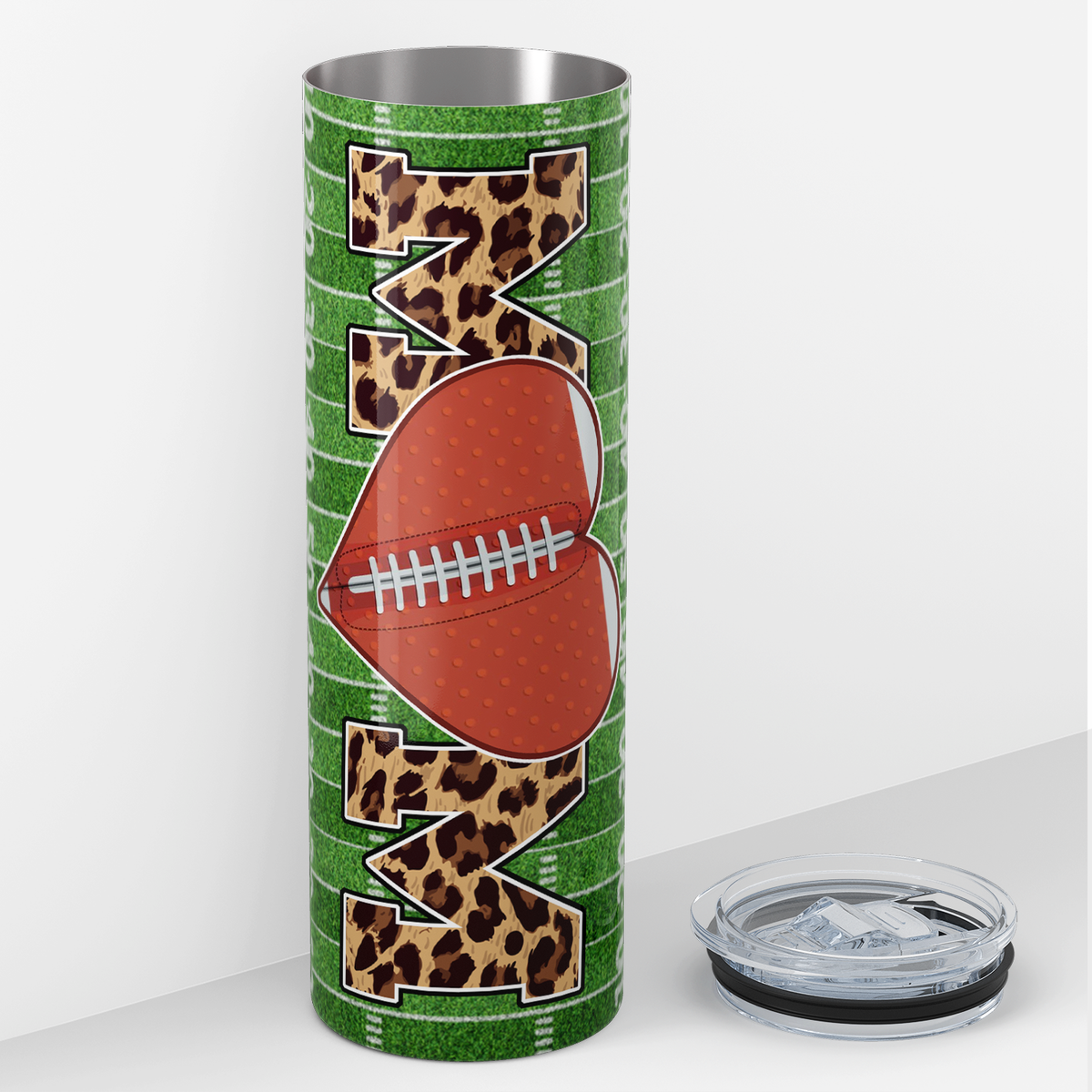 Football Mom Heart on Field Leather 20oz Skinny Tumbler