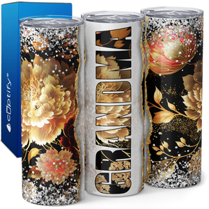 Grandma Black and Gold Flowers 20oz Skinny Tumbler