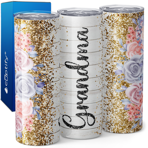 Grandma Pink and Purple Flowers and Glitter 20oz Skinny Tumbler