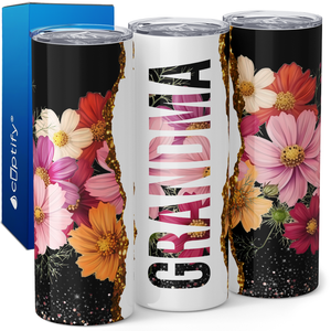 Grandma Glitter and Pink Flowers 20oz Skinny Tumbler