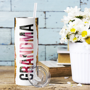 Grandma Glitter and Pink Flowers 20oz Skinny Tumbler