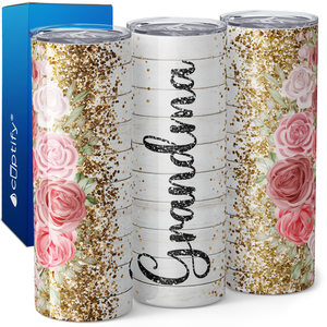 Grandma Pink Flowers and Glitter 20oz Skinny Tumbler