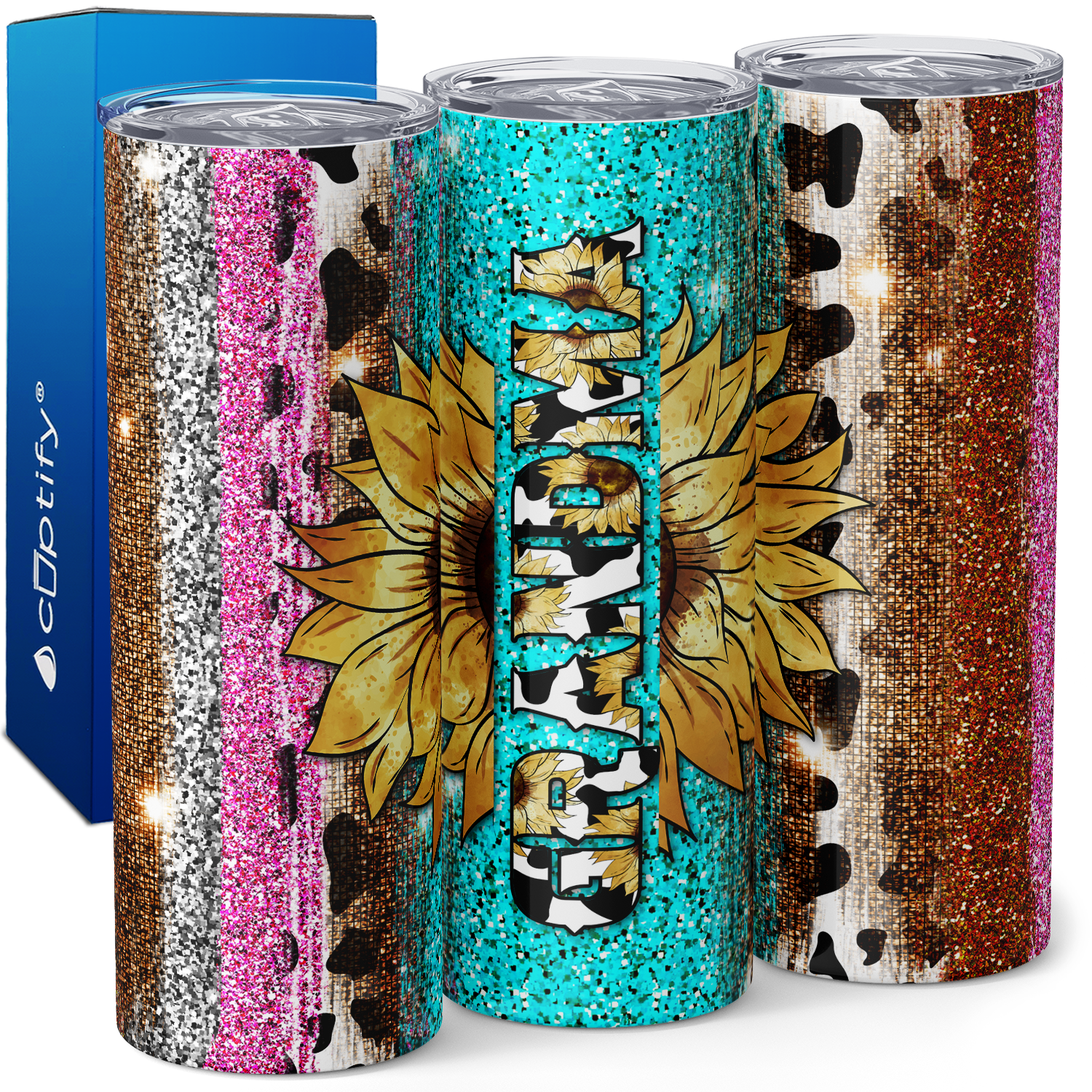 Grandma Sunflower and Leopard Print Colorful Glitter 20oz Skinny Tumbler