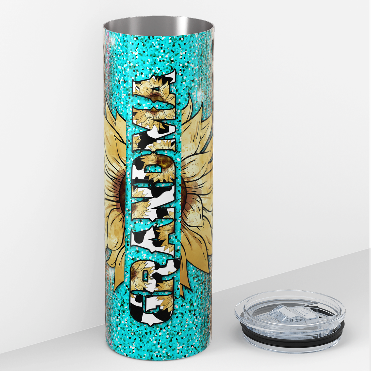 Grandma Sunflower and Leopard Print Colorful Glitter 20oz Skinny Tumbler