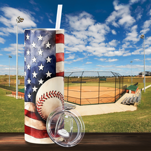 Baseball on American Flag Painting 20oz Skinny Tumbler