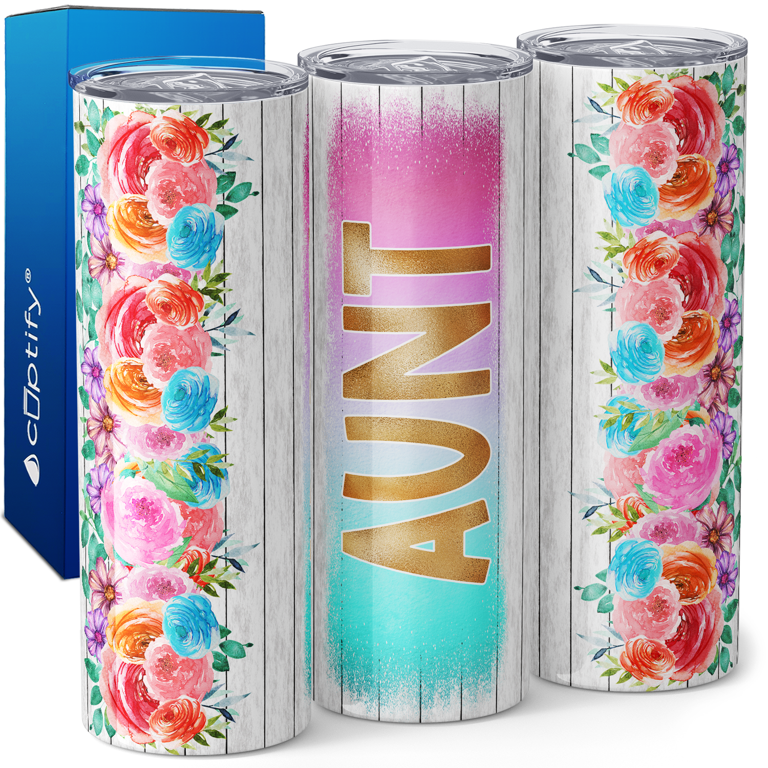 Aunt Teal and Pink with Flowers 20oz Skinny Tumbler