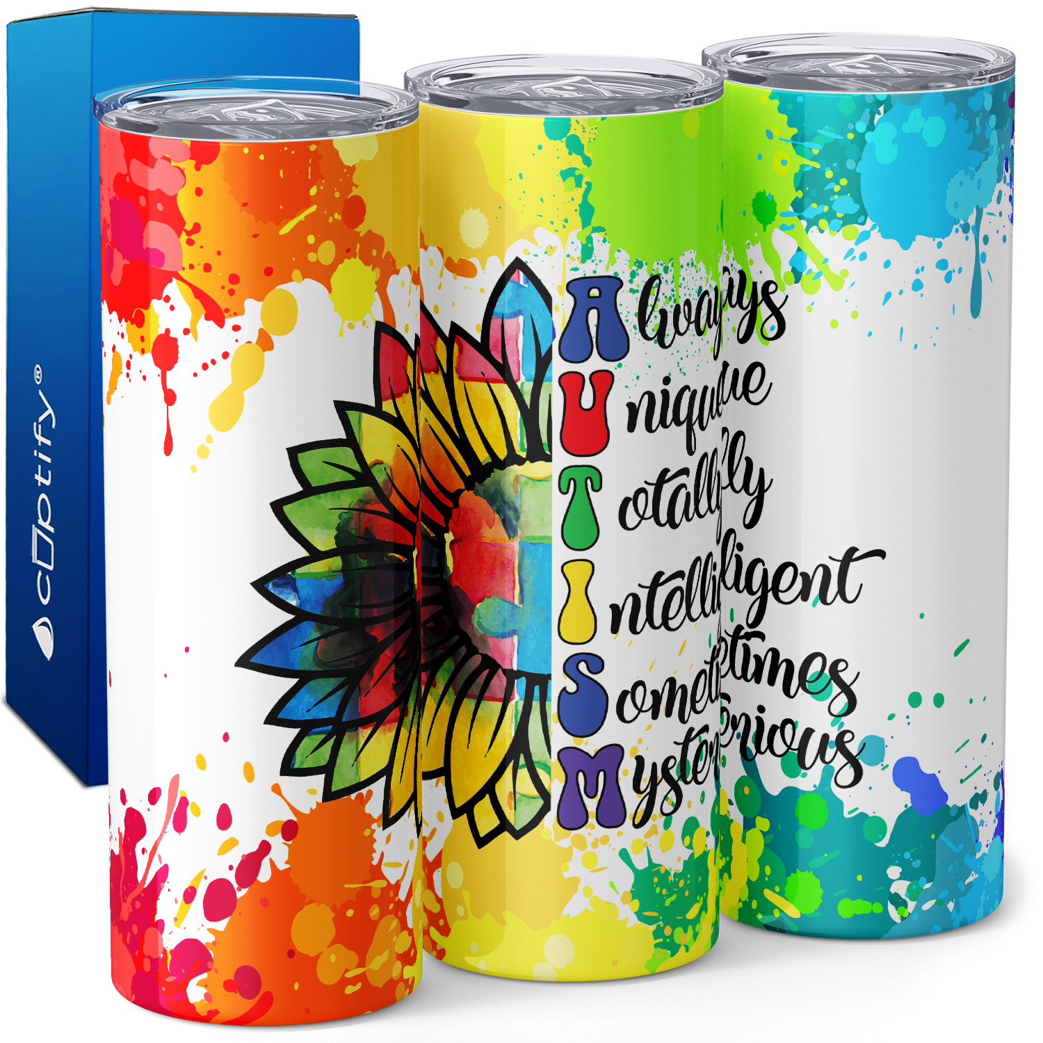 Autism Acrostic Rainbow Sunflower 20oz Skinny Tumbler
