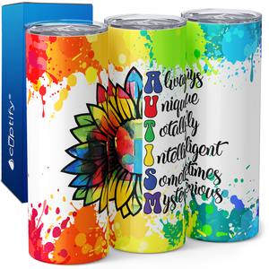 Autism Acrostic Rainbow Sunflower 20oz Skinny Tumbler