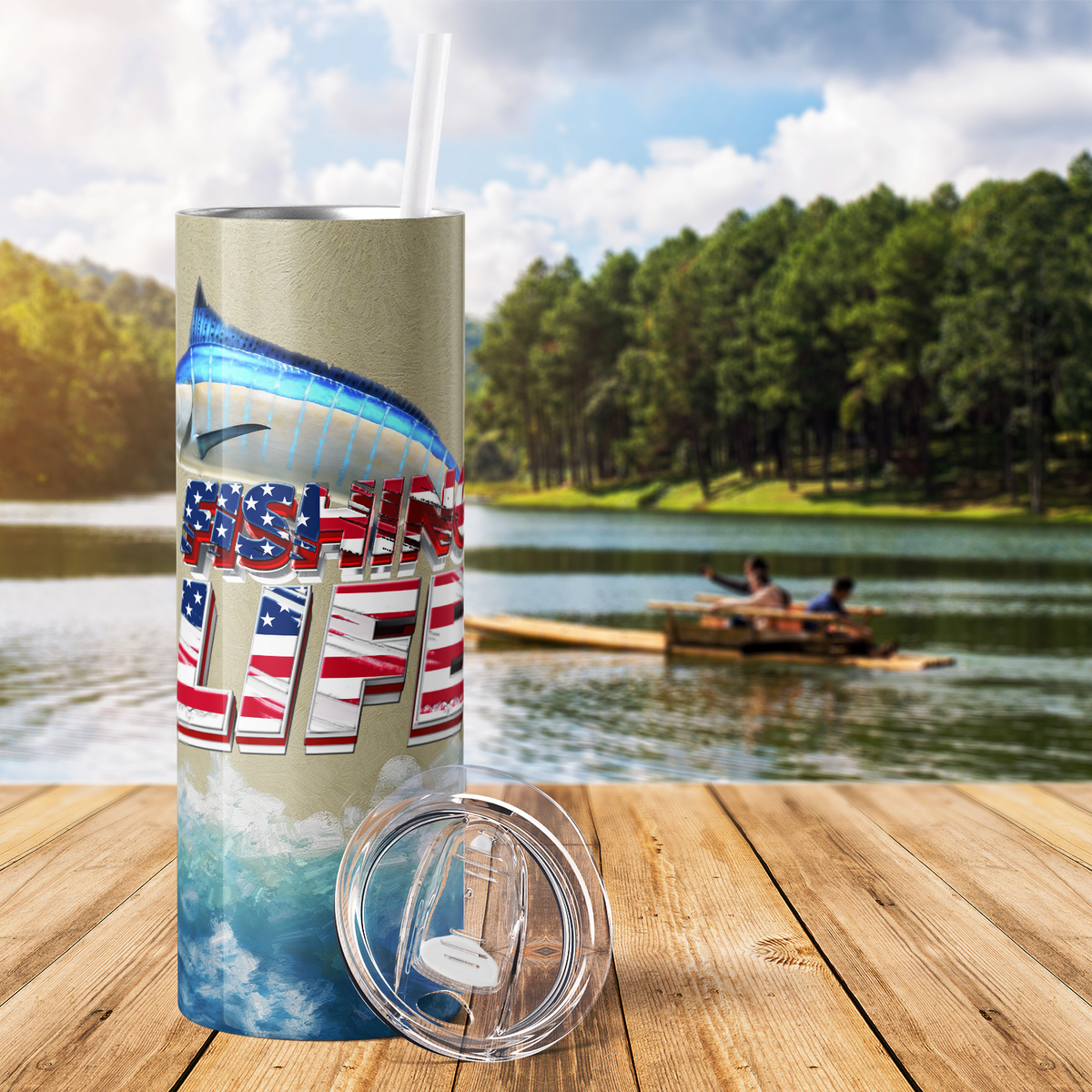 Fishing Life American Flag 20oz Skinny Tumbler