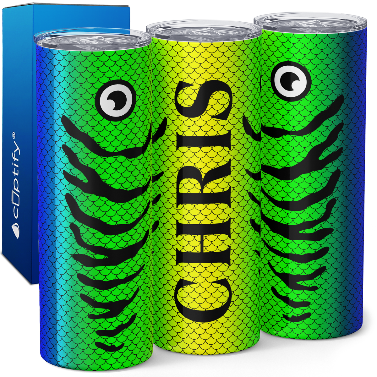 Personalized Yellow Green Blue Fishing Lure 20oz Skinny Tumbler