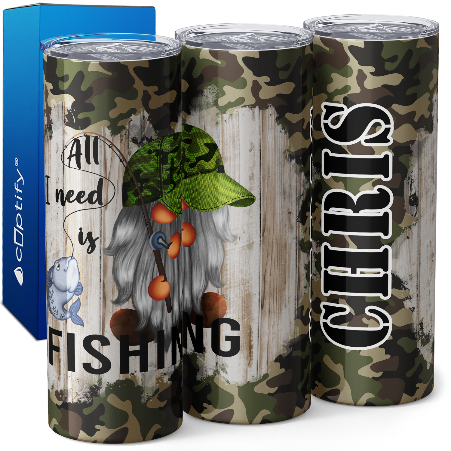 Personalized All I need is Fishing Camo Gnome 20oz Skinny Tumbler