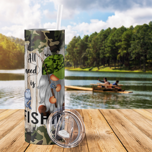 Personalized All I need is Fishing Camo Gnome 20oz Skinny Tumbler