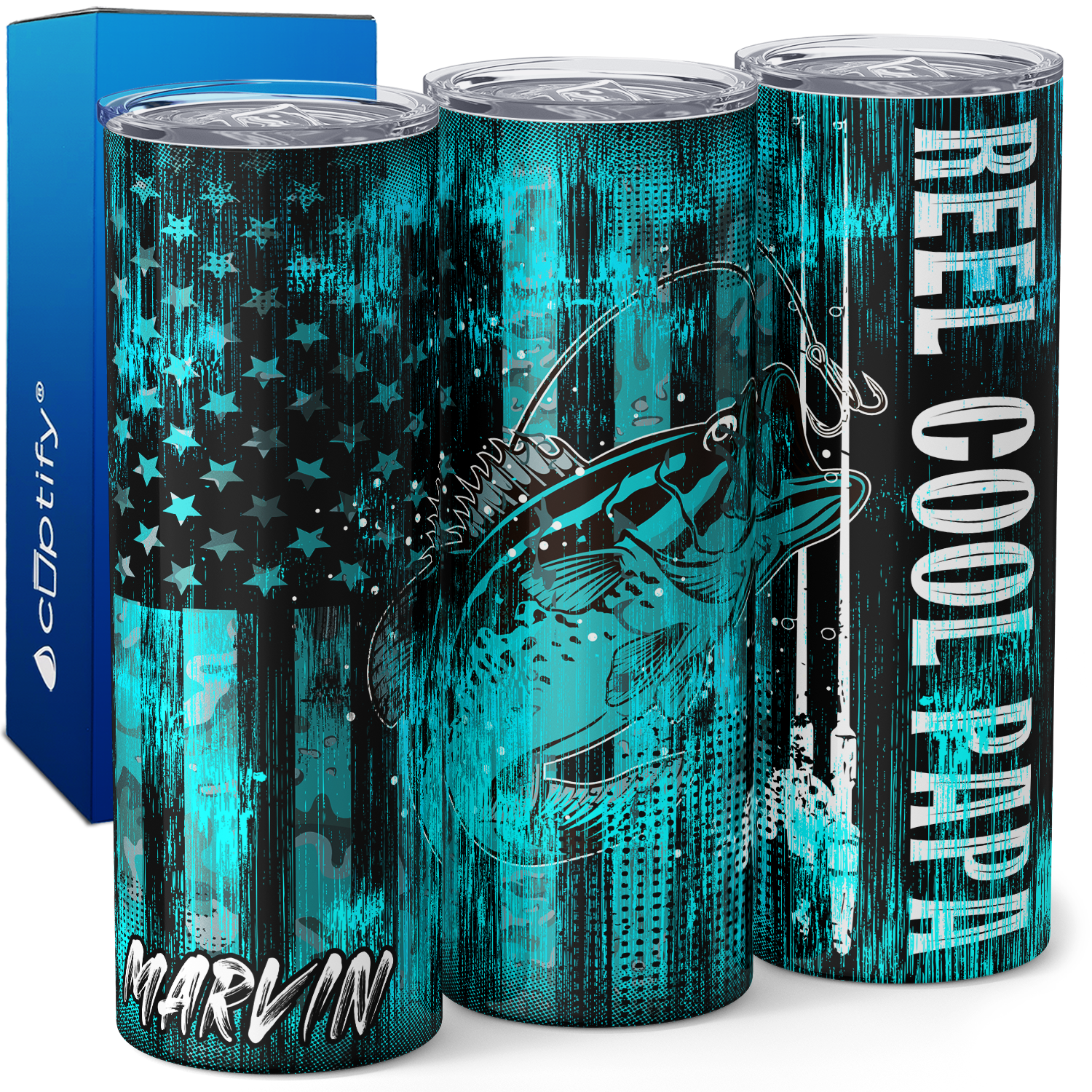 Personalized Real Cool Papa Fishing on Teal Flag 20oz Skinny Tumbler
