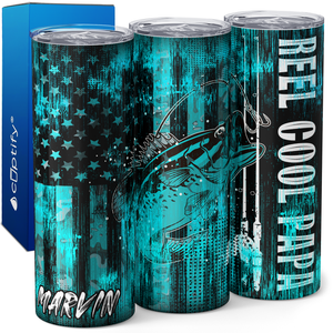 Personalized Real Cool Papa Fishing on Teal Flag 20oz Skinny Tumbler