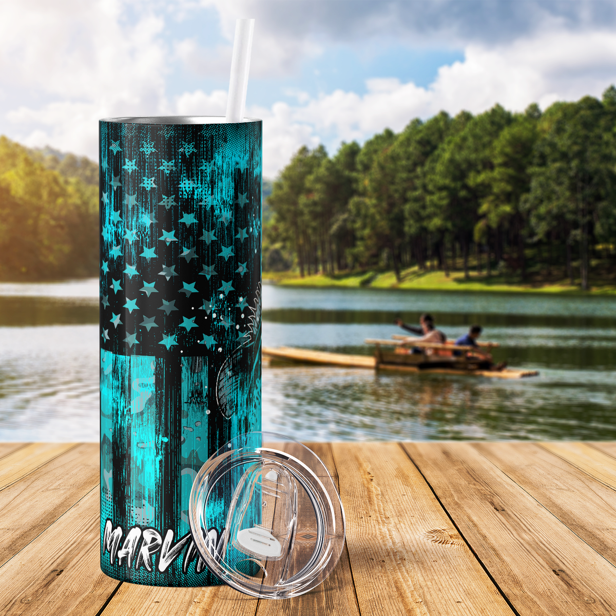 Personalized Real Cool Papa Fishing on Teal Flag 20oz Skinny Tumbler
