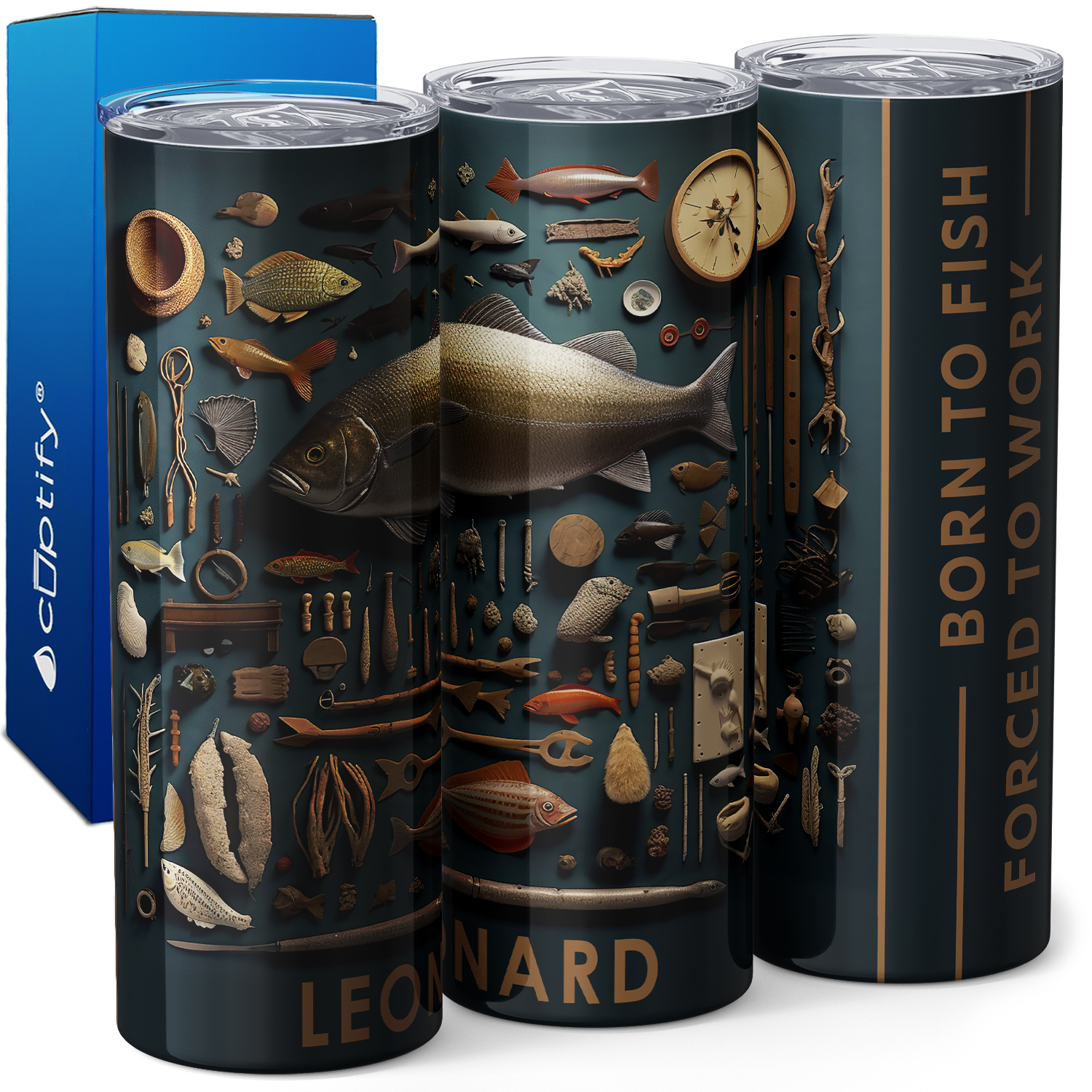 Personalized Born to Fish Forced to Work 20oz Skinny Tumbler