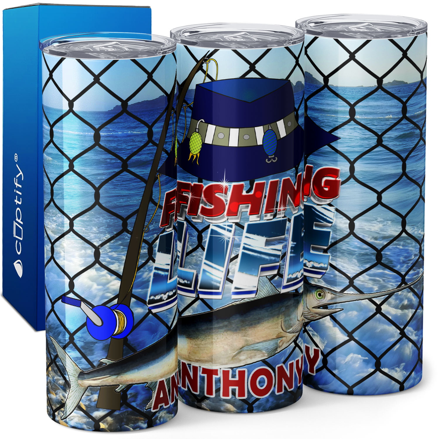 Personalized Fishing Life Net Ocean 20oz Skinny Tumbler