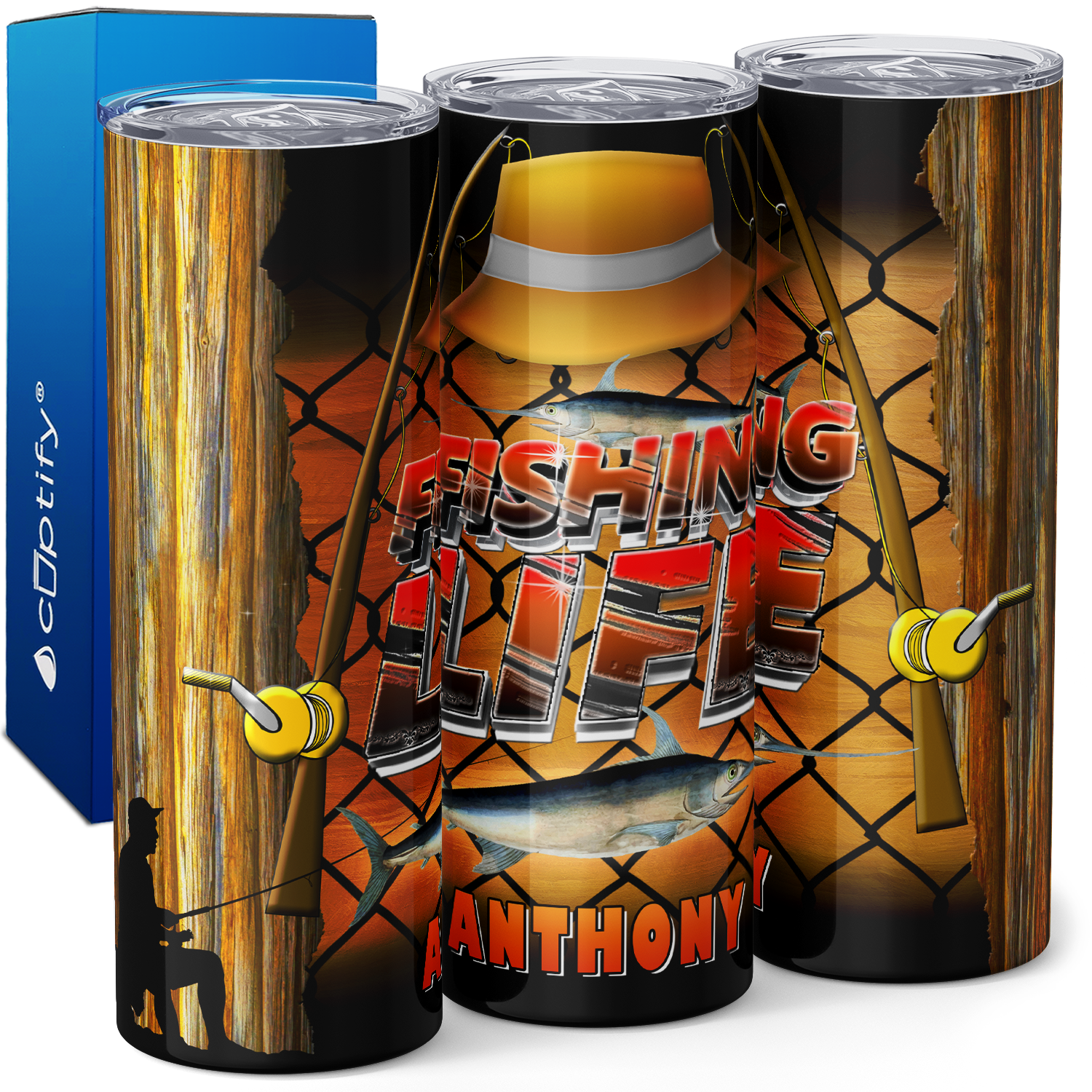 Personalized Fishing Life Poles and Net 20oz Skinny Tumbler