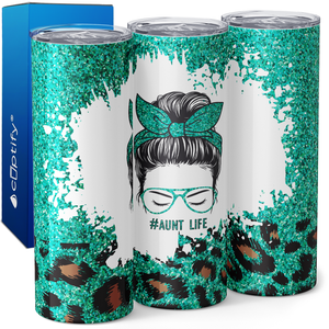 Aunt Life Green Glitter Leopard 20oz Skinny Tumbler