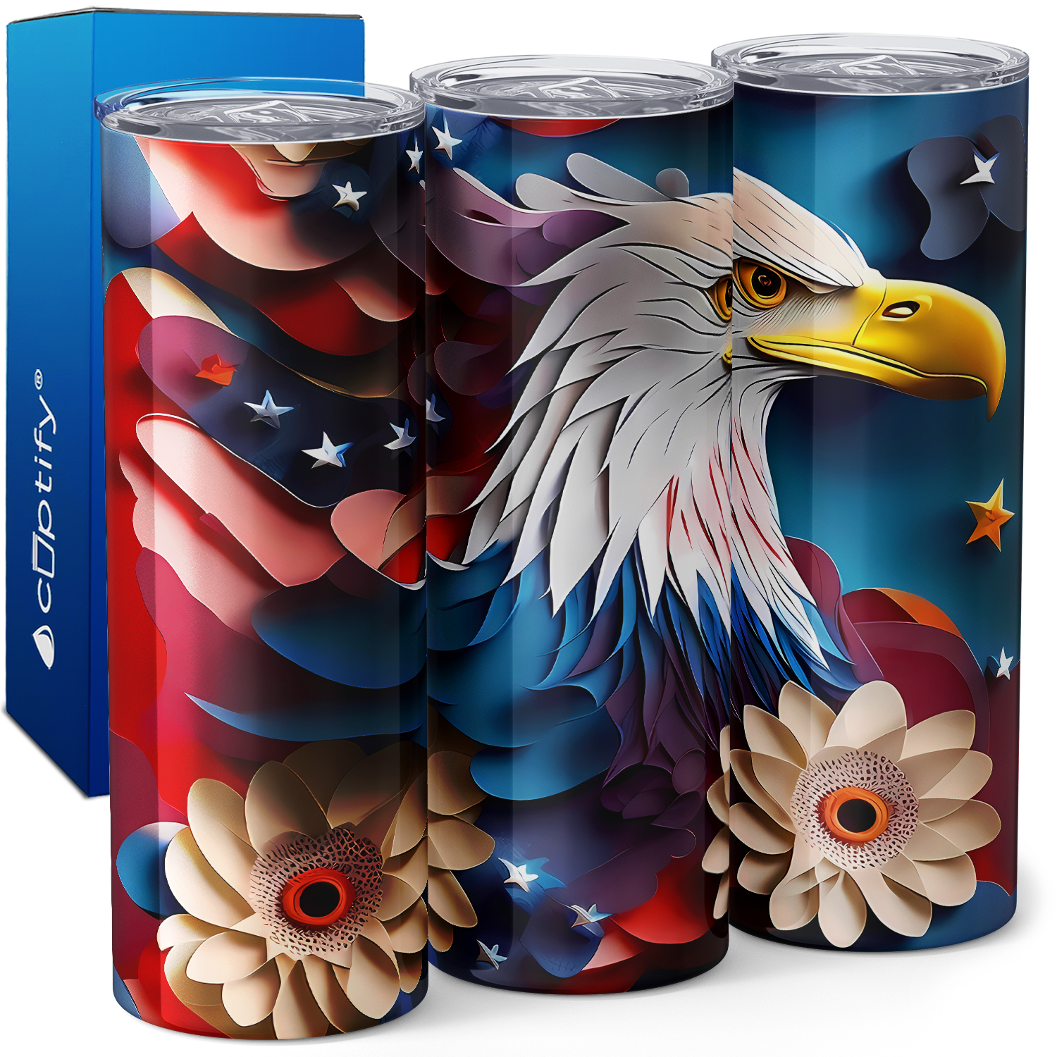 Red White and Blue Flowers and Eagle 20oz Skinny Tumbler
