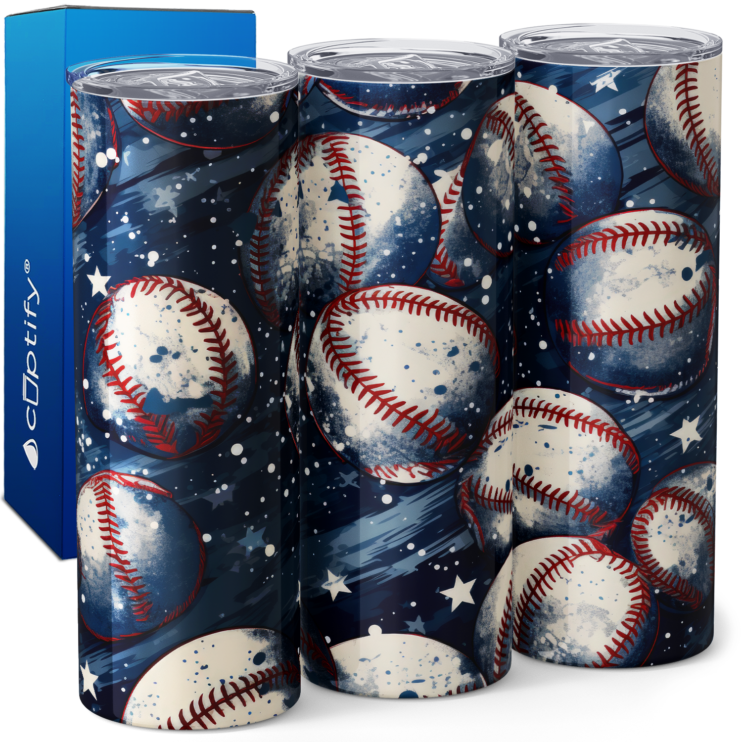 Baseballs on Blue and Stars 20oz Skinny Tumbler