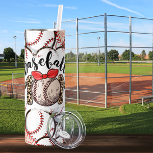 Baseball Mom Leopard Print and Bow 20oz Skinny Tumbler