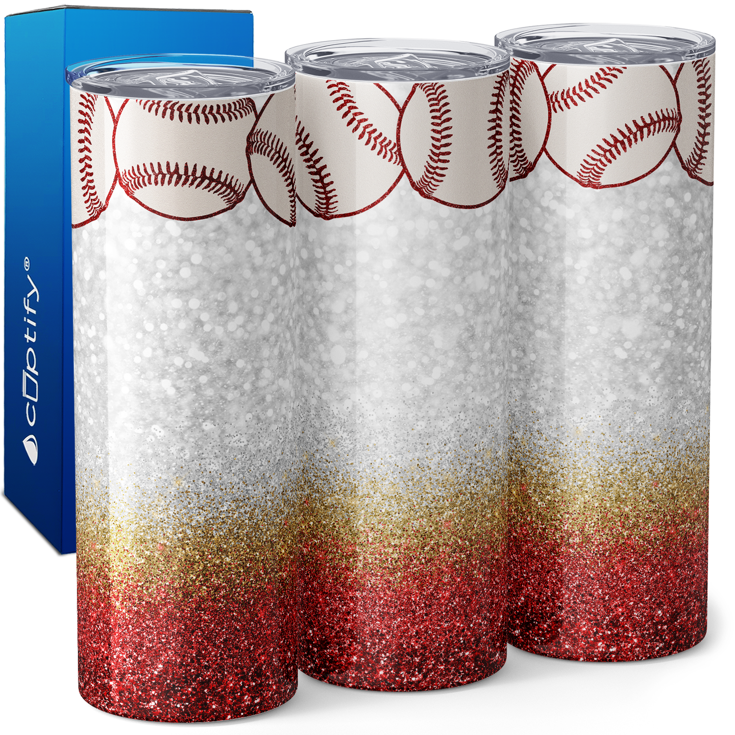 Baseballs with Gold and Red Glitter 20oz Skinny Tumbler