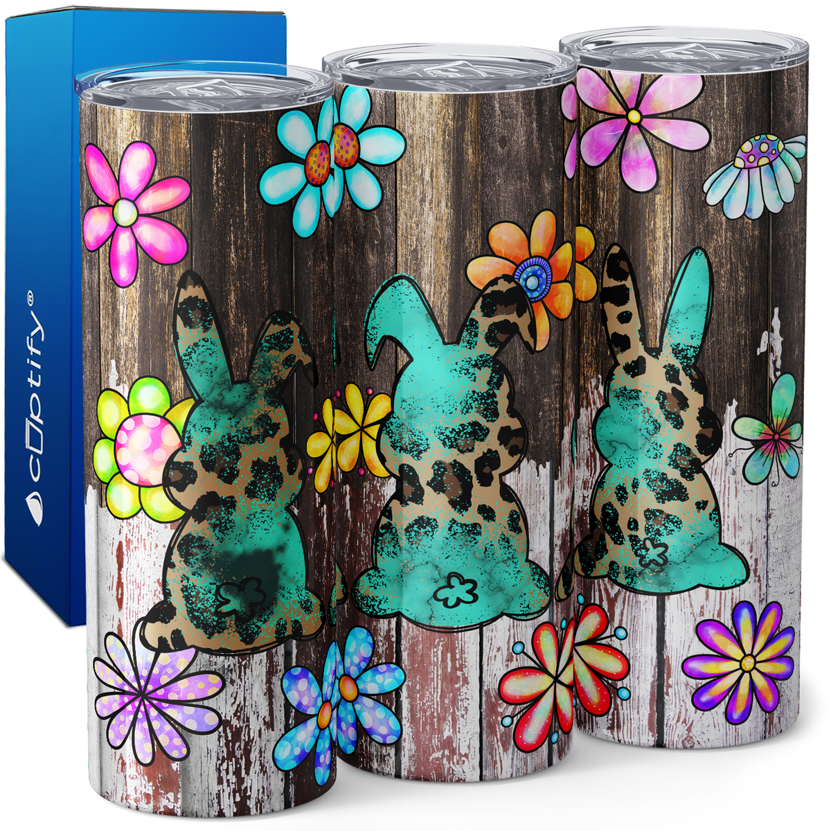 Leopard Print Bunnies with Flowers 20oz Skinny Tumbler