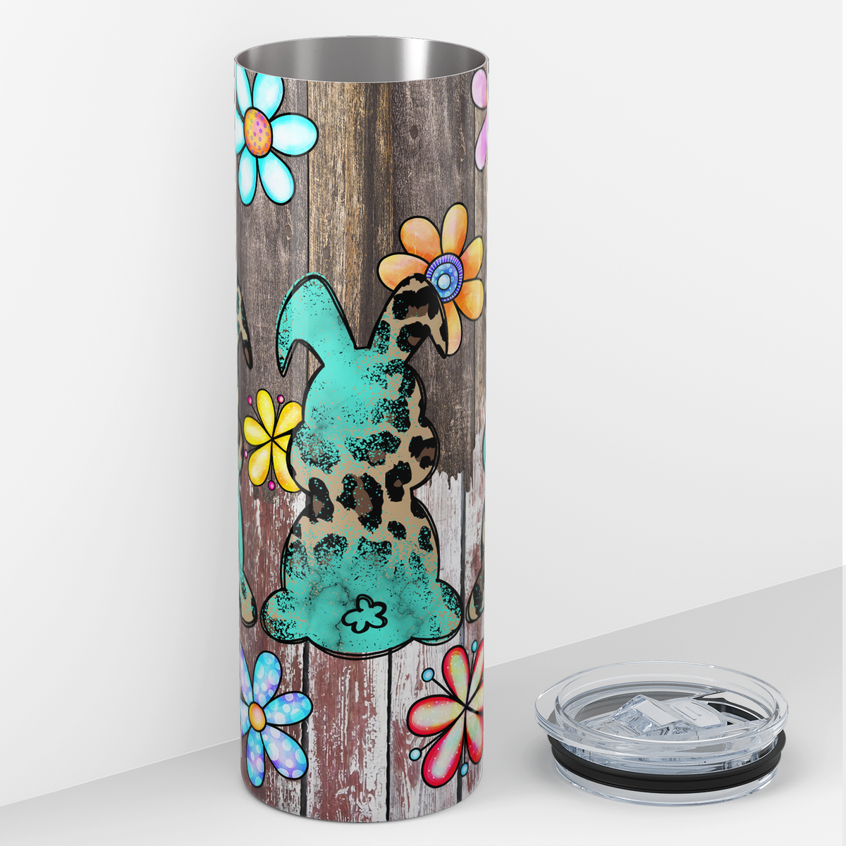 Leopard Print Bunnies with Flowers 20oz Skinny Tumbler