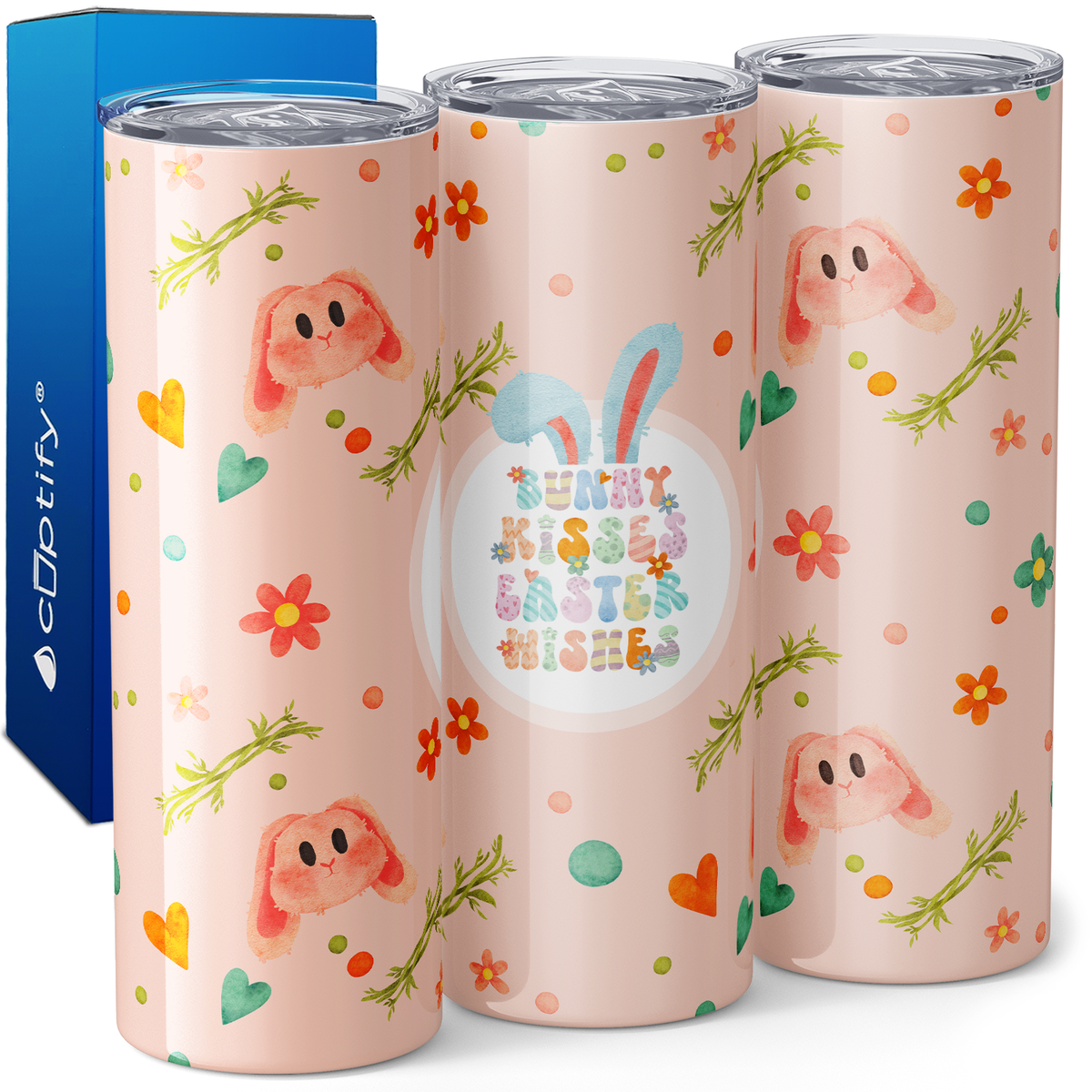 Bunny Kisses Easter Wishes Blush Bunnies 20oz Skinny Tumbler
