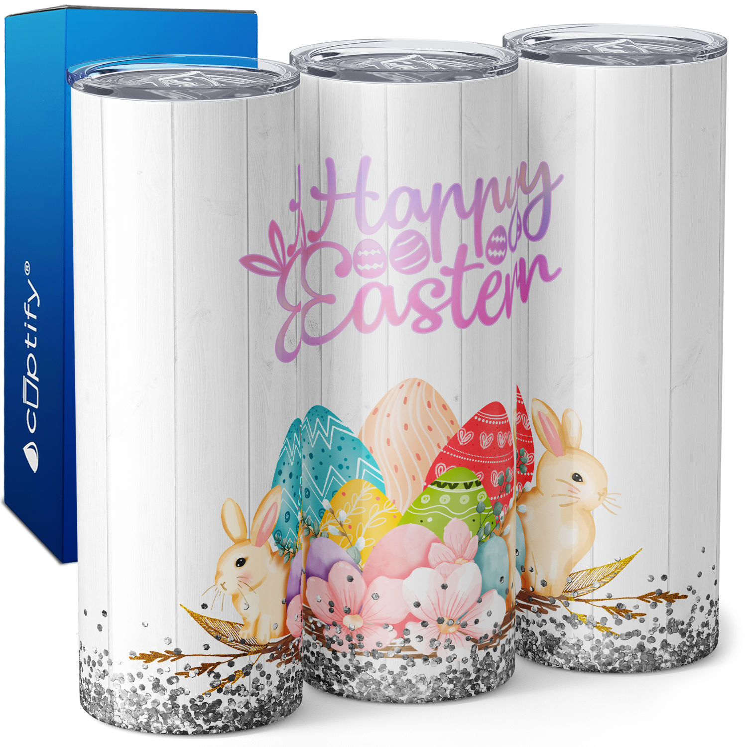 Happy Easter Eggs Bunnies and Flowers 20oz Skinny Tumbler