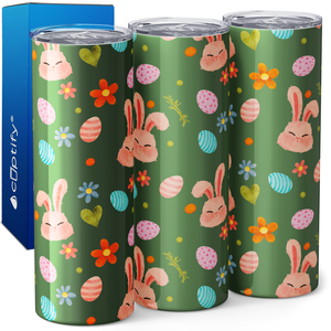 Bunnies Eggs and Flowers on Green 20oz Skinny Tumbler