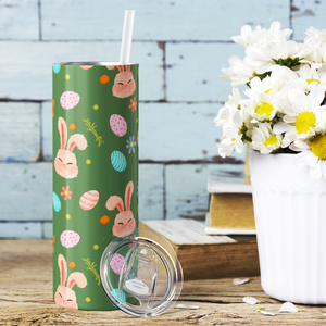 Bunnies Eggs and Flowers on Green 20oz Skinny Tumbler