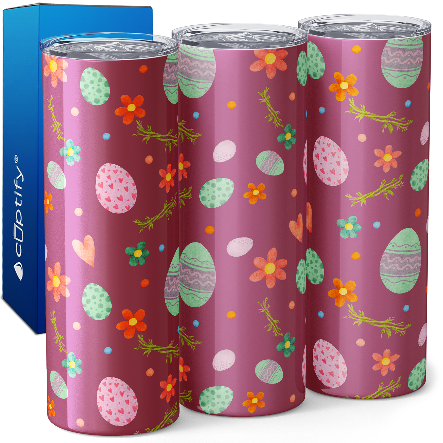 Bunnies Eggs and Flowers on Pink 20oz Skinny Tumbler