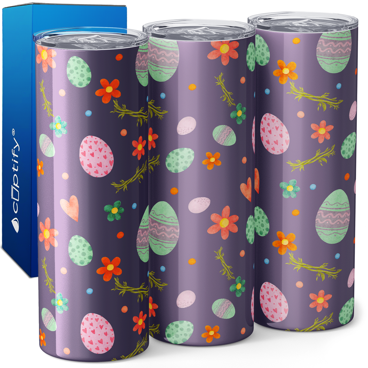 Bunnies Eggs and Flowers on Purple 20oz Skinny Tumbler