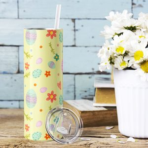 Bunnies Eggs and Flowers on Yellow 20oz Skinny Tumbler