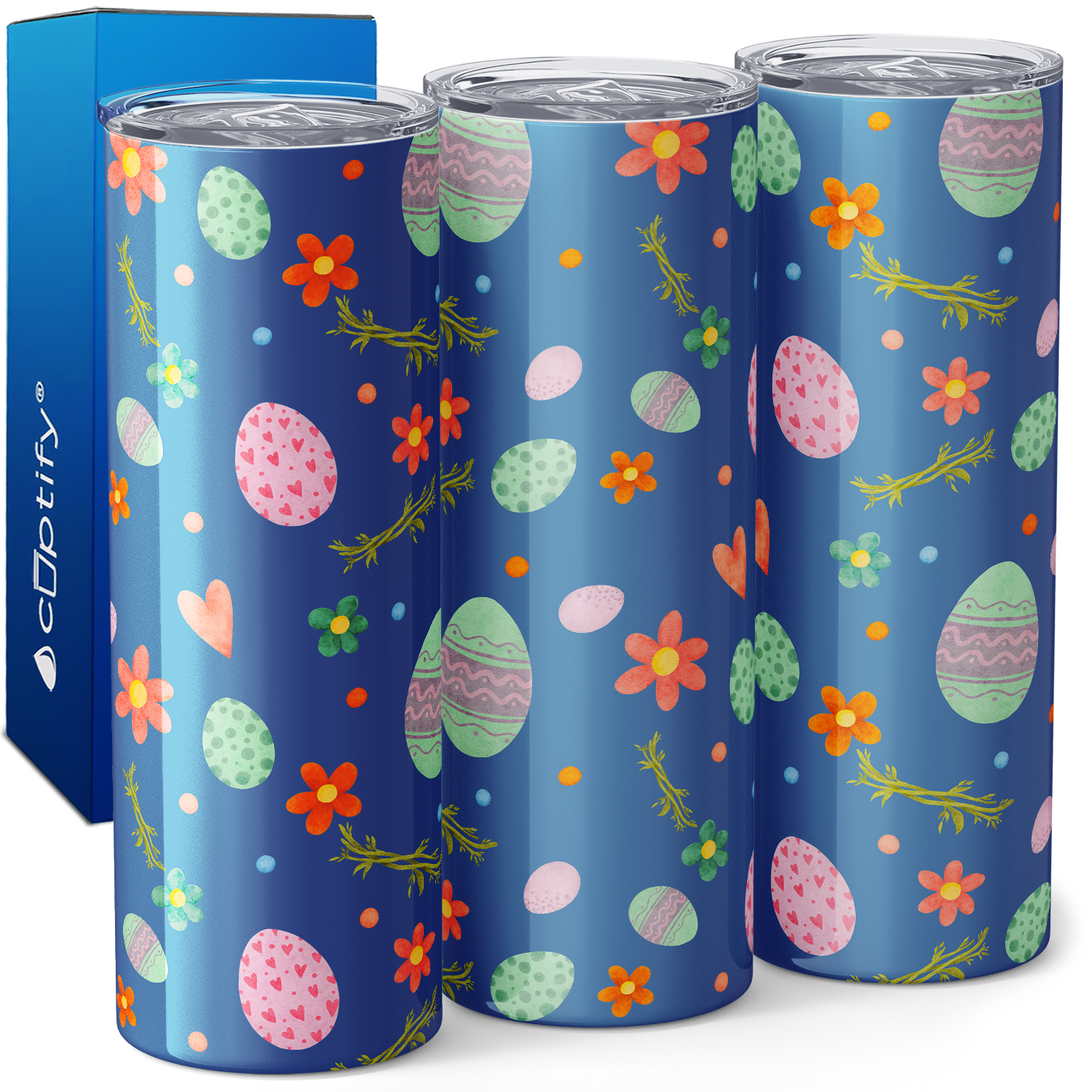 Bunnies Eggs and Flowers on Blue 20oz Skinny Tumbler