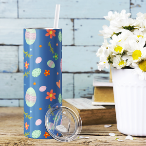 Bunnies Eggs and Flowers on Blue 20oz Skinny Tumbler