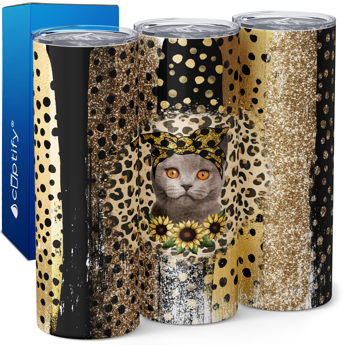Cat with Sunflowers 20oz Skinny Tumbler