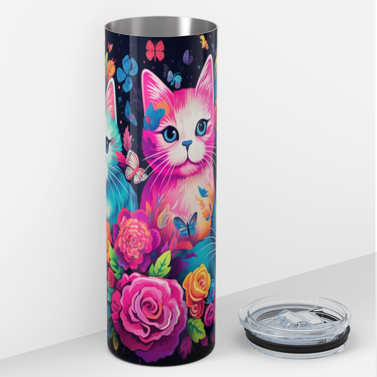 Colorful Cats with Flowers 20oz Skinny Tumbler
