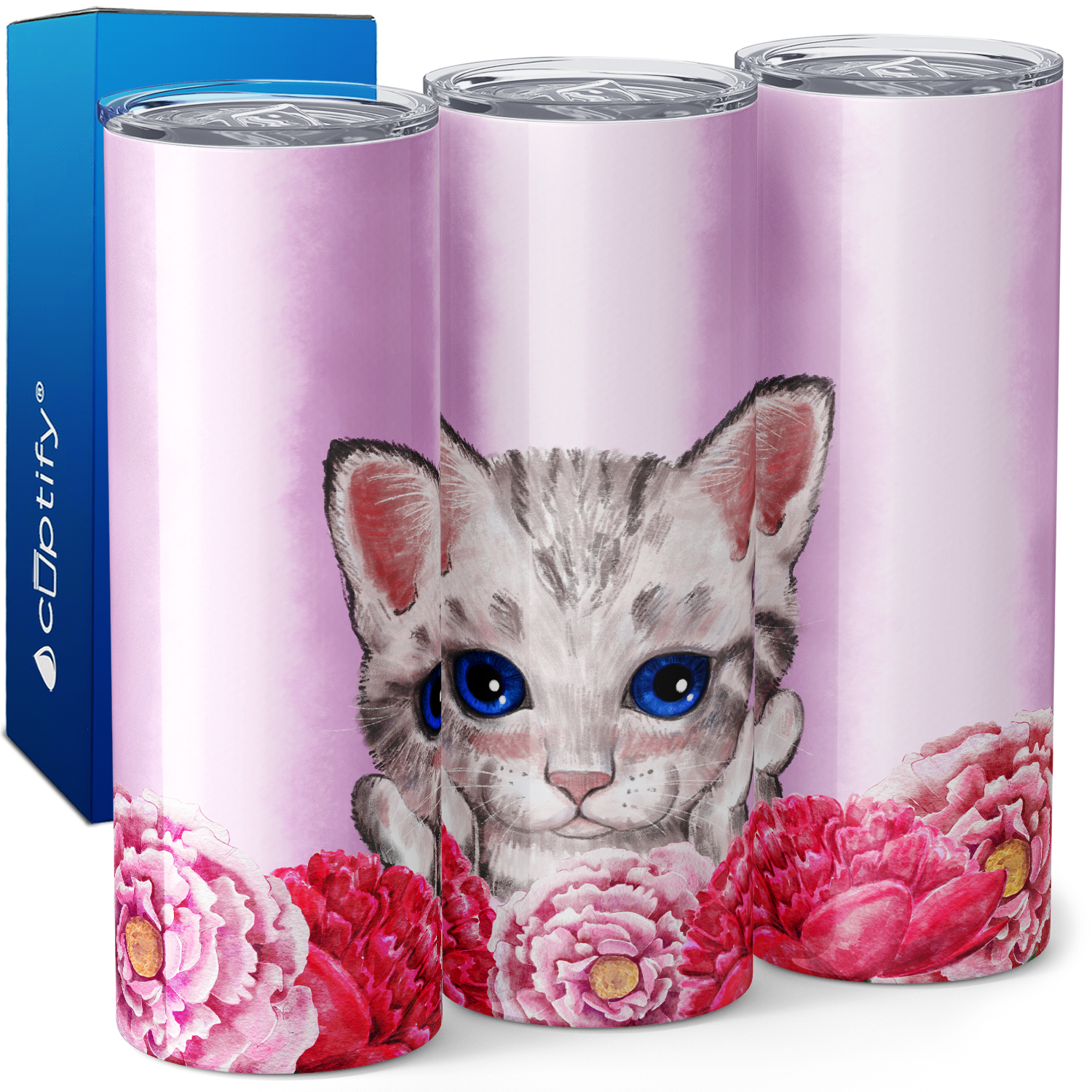 Cute Cat with Flowers on Pink 20oz Skinny Tumbler